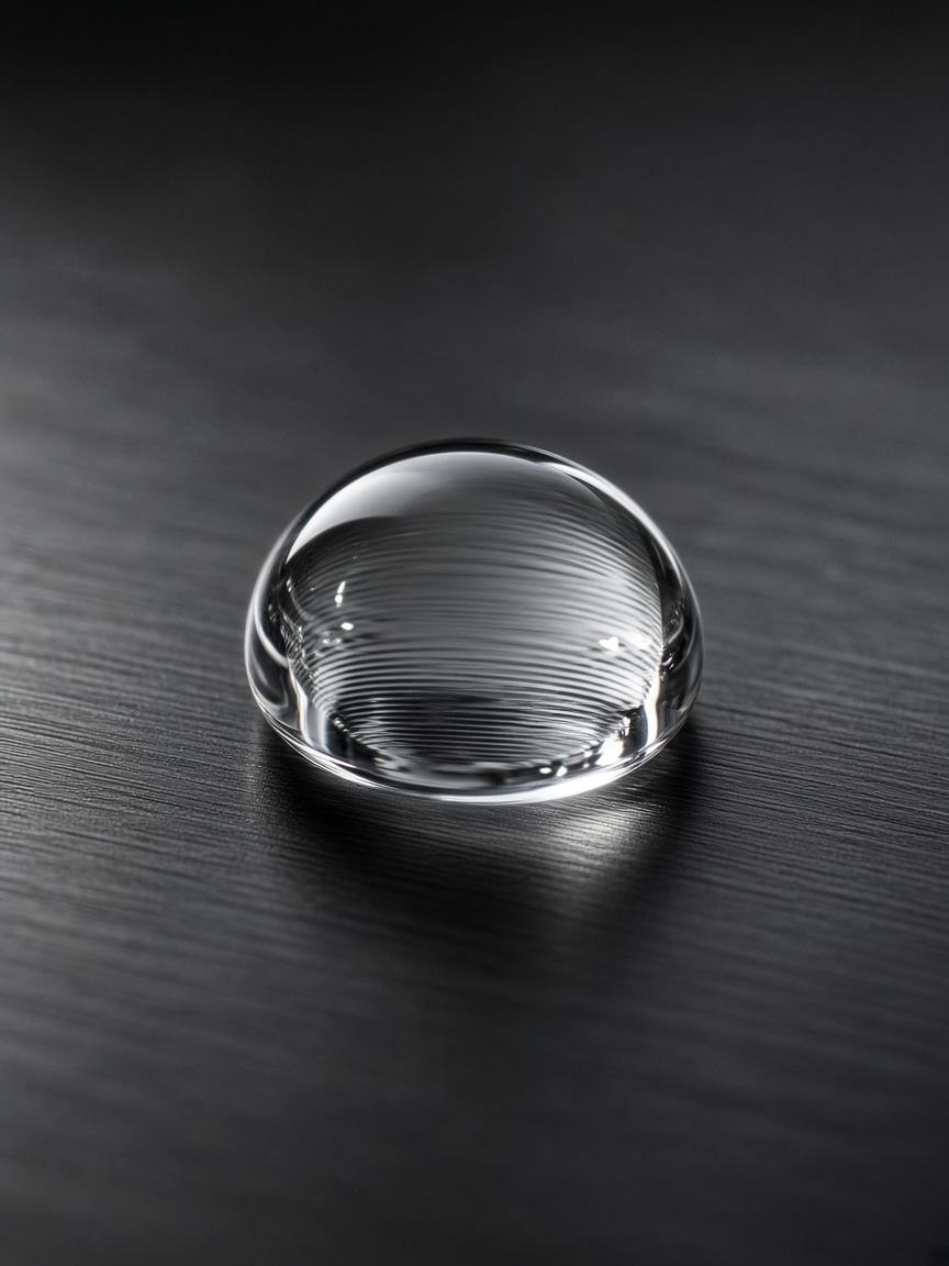 A single clear coolant droplet on brushed black steel